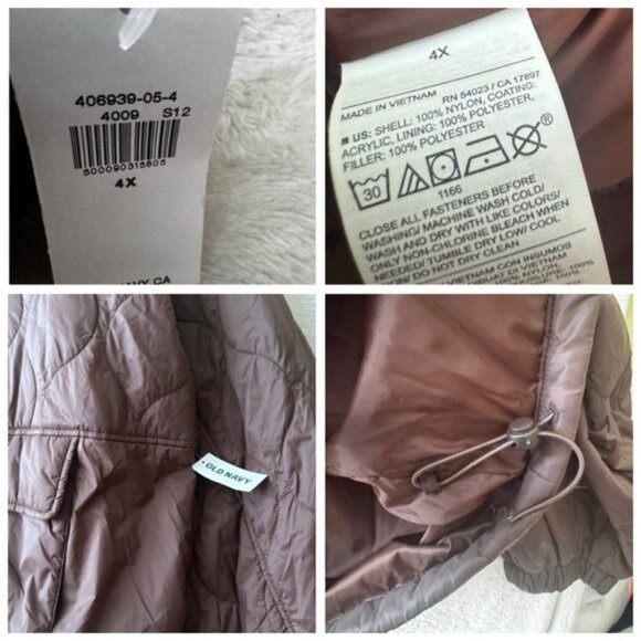 Old Navy NEW Packable Oversized Water Resistant Quilted Jacket Coat Brown Zip 4X - Picture 12 of 16